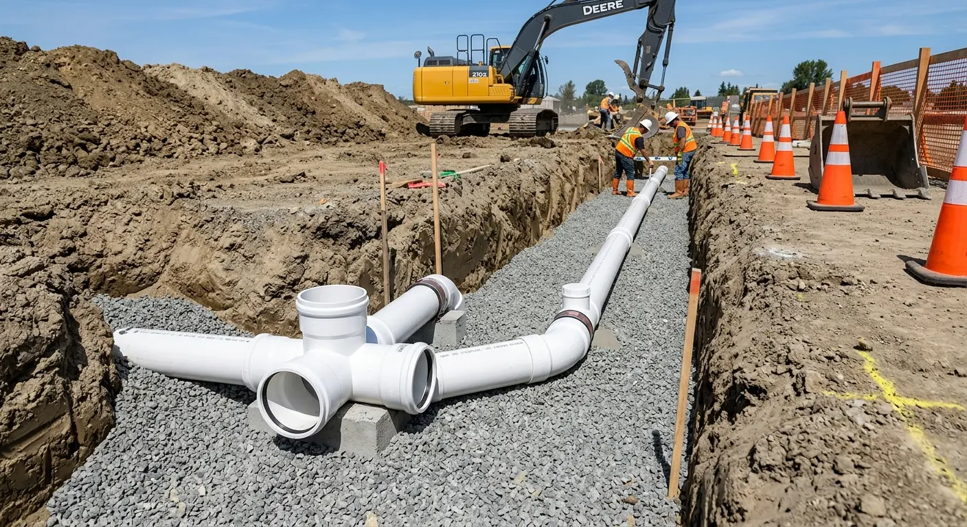 New PVC sewer pipe installation in open trench for Grease Trap Cleaning in Eagle Mountain