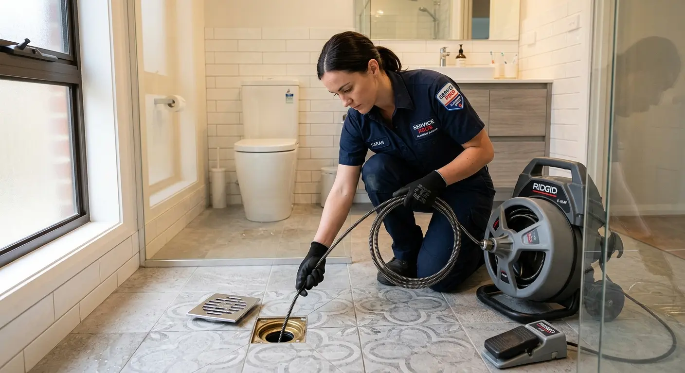 Technician clearing a bathroom floor drain for Drain Repair in Eagle Mountain